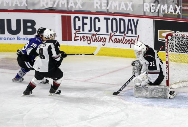 Vancouver Giants goaltender Drew Sim makes a stop vs. the Victoria Royals