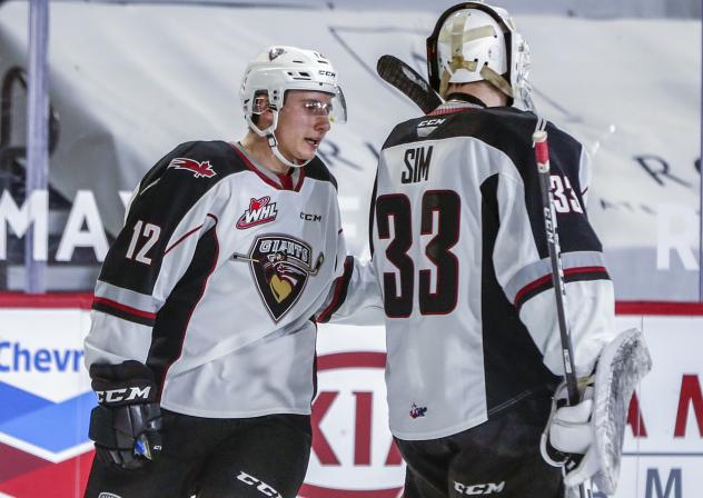 Vancouver Giants centre Adam Hall and goaltender Drew Sim vs. the Victoria Royals