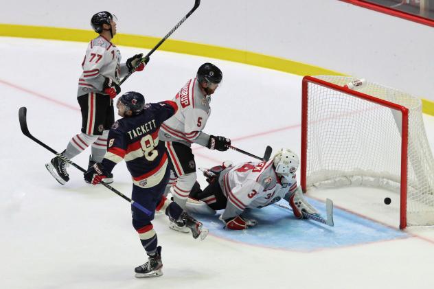 Jason Tackett of the Macon Mayhem scores against the Huntsville Havoc
