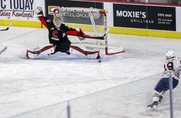 Prince George Cougars goaltender Taylor Gauthier makes a sprawling save