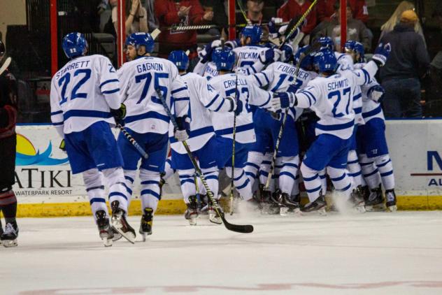 Wichita Thunder mob Brayden Watts after his overtime winner