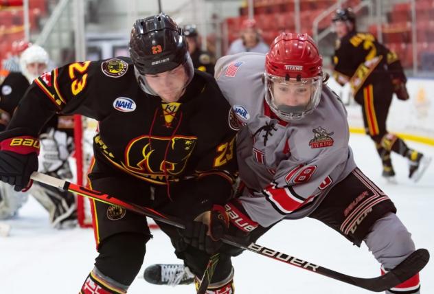 New Jersey Titans forward Matthew Iasenza (right) vs. the Maine Black Bears