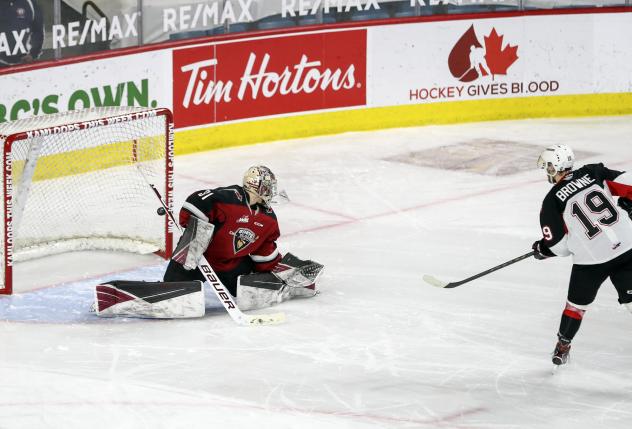 Ethan Browne of the Prince George Cougars hits the post in the shootout against the Vancouver Giants
