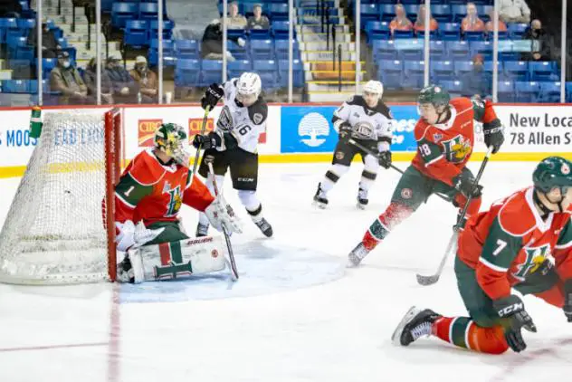 Charlottetown Islanders forward Patrick Guay vs. Halifax Mooseheads goaltender Alexis Gravel