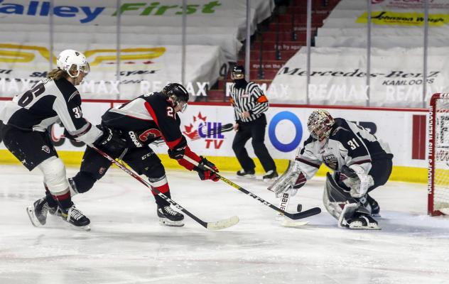 Prince George Cougars centre Craig Armstrong scores against the Vancouver Giants