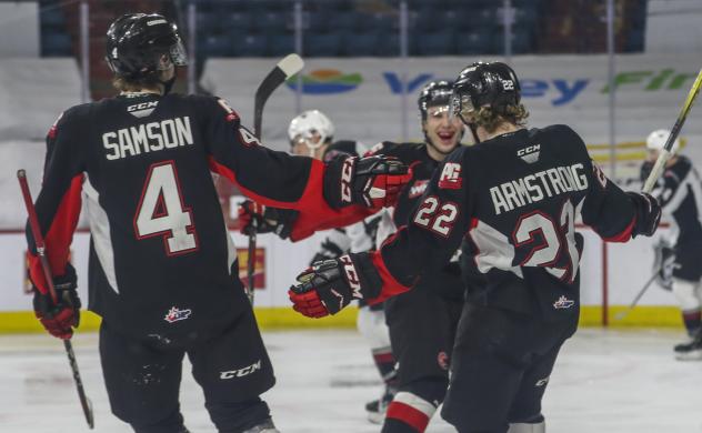 Prince George Cougars centre Craig Armstrong celebrates his goal against the Vancouver Giants