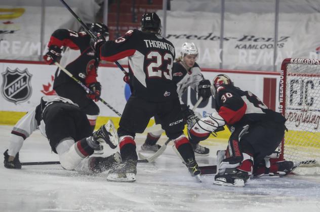Vancouver Giants defenceman Mazden Leslie vs. the Prince George Cougars