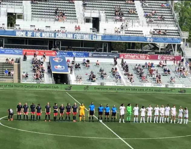 North Carolina Courage and the Washington Spirit line up before their Challenge Cup game