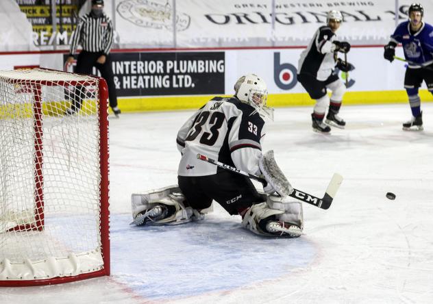 Vancouver Giants goaltender Drew Sim minds the crease against the Victoria Royals