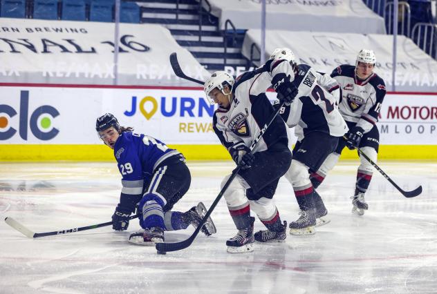 Vancouver Giants defenceman Alex Kannok Leipert with the puck against the Victoria Royals