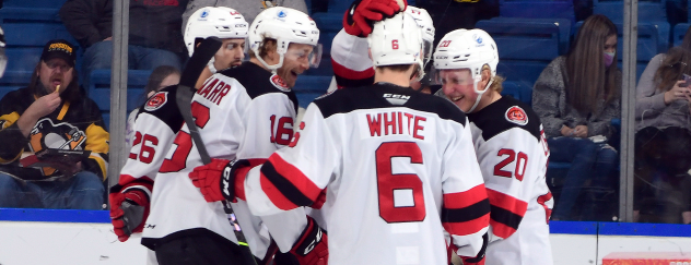 Binghamton Devils celebrate a goal against the Wilkes-Barre/Scranton Penguins