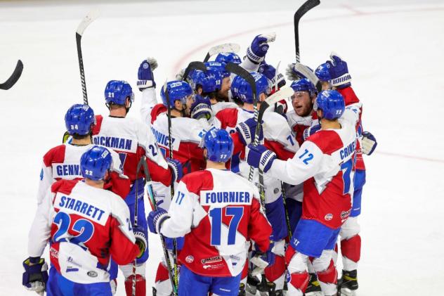 Wichita Thunder celebrate the games winner against the Tulsa Oilers