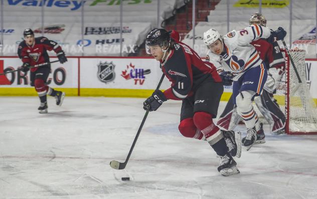 Vancouver Giants left wing Bryce Bader vs. the Kamloops Blazers