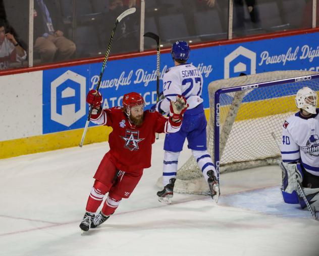 Zane Franklin of the Allen Americans celebrates a goal against the Wichita Thunder