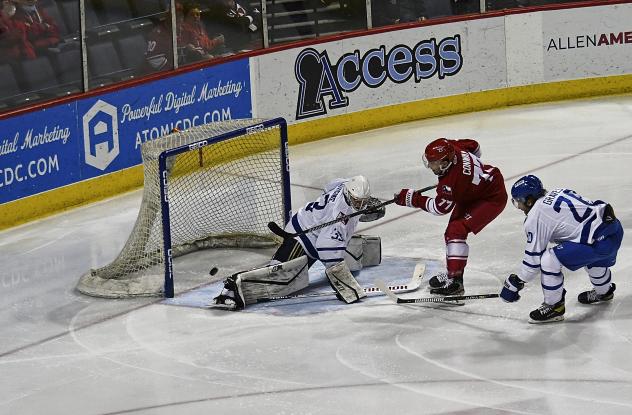 Les Lancaster of the Allen Americans scores against the Wichita Thunder