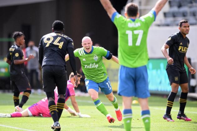 Seattle Sounders FC react after a goal at LAFC