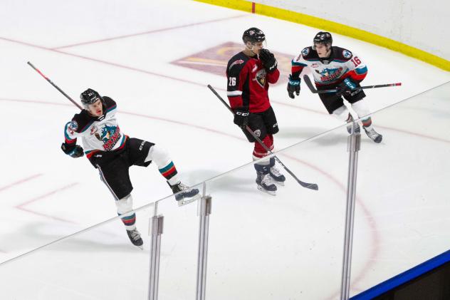 Kelowna Rockets celebrate a goal against the Vancouver Giants