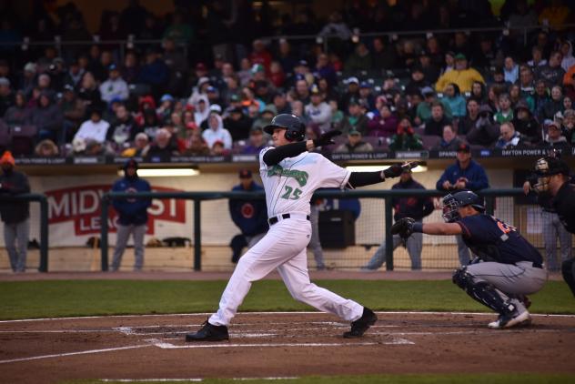 First baseman Bren Spillane bats for the Dayton Dragons