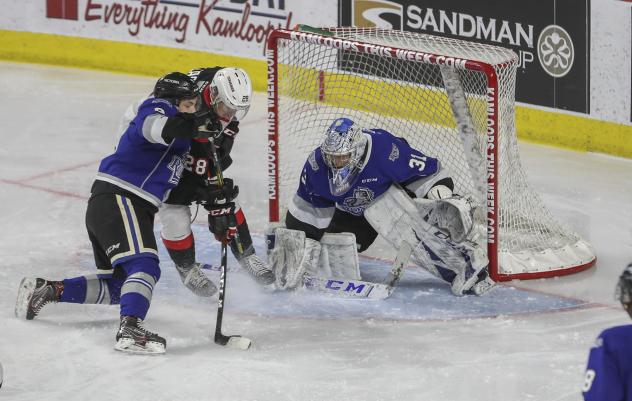 Prince George Cougars right wing Blake Eastman tests the Victoria Royals