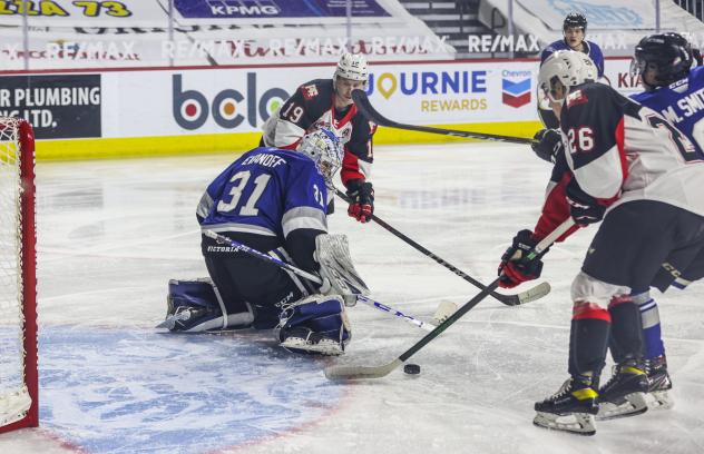Ethan Browne and Kyren Gronick of the Prince George Cougars vs. the Victoria Royals