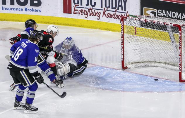 Prince George Cougars centre Kyren Gronick hits the post vs. the Victoria Royals