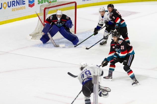 Kelowna Rockets goaltender Nicholas Cristiano faces a shot from the Victoria Royals