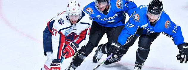 South Carolina Stingrays forward Tim Harrison (left) vs. the Orlando Solar Bears