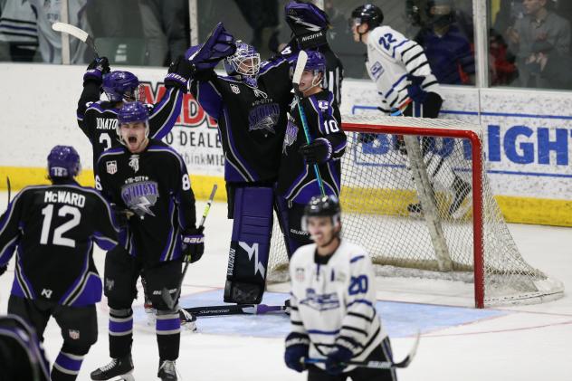 Tri-City Storm celebrate a win vs. the Fargo Force