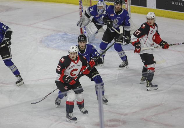 Prince George Cougars left wing David Griffen (bottom) vs. the Victoria Royals