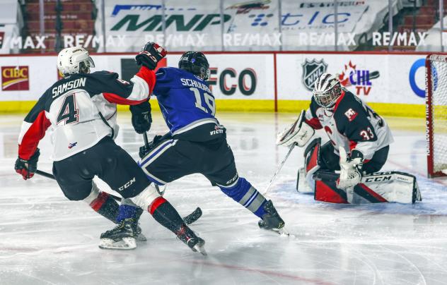 Prince George Cougars defenceman Ethan Samson and goaltender Ty Young vs. the Victoria Royals