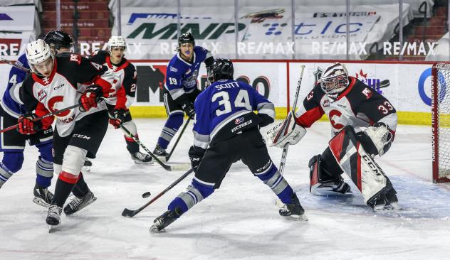 Prince George Cougars defenceman Ethan Samson and goaltender Ty Young vs. the Victoria Royals