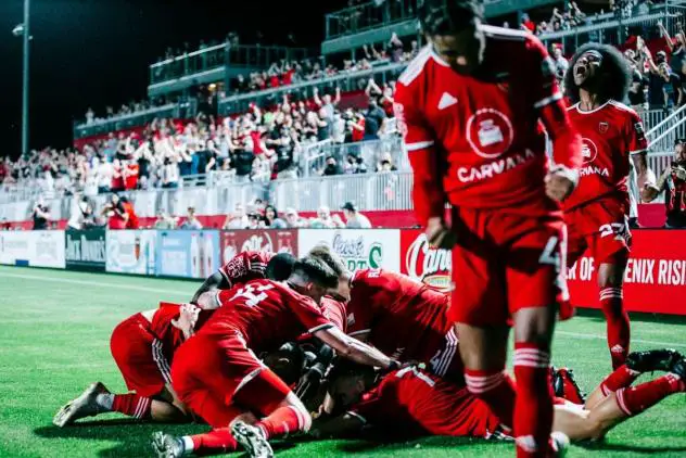 Phoenix Rising FC celebrates a goal vs. San Diego Loyal SC in the inaugural game at Wild Horse Pass
