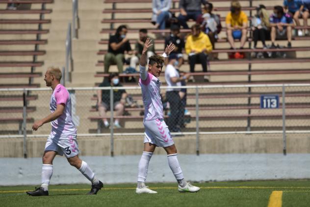 Forward Madison FC exhorts the crowd at Breese Stevens Field against Milwaukee Bavarians SC