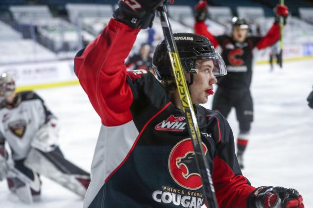 Koehn Ziemmer celebrates a goal for the Prince George Cougars vs. the Vancouver Giants
