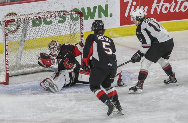 Prince George Cougars goaltender Taylor Gauthier makes a save vs. the Vancouver Giants