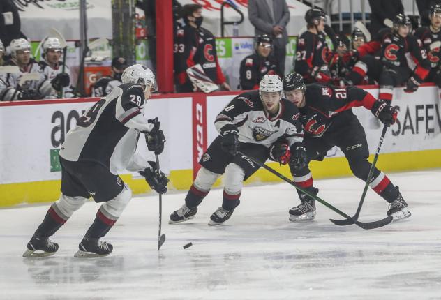 Vancouver Giants defenceman Tanner Brown (left) vs. the Prince George Cougars