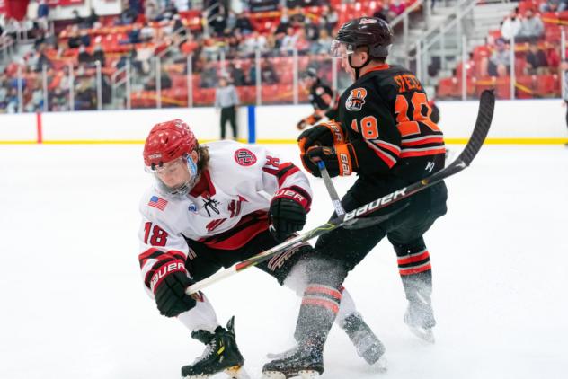 New Jersey Titans forward Matthew Iasenza (left) vs. the Danbury Jr. Hat Tricks