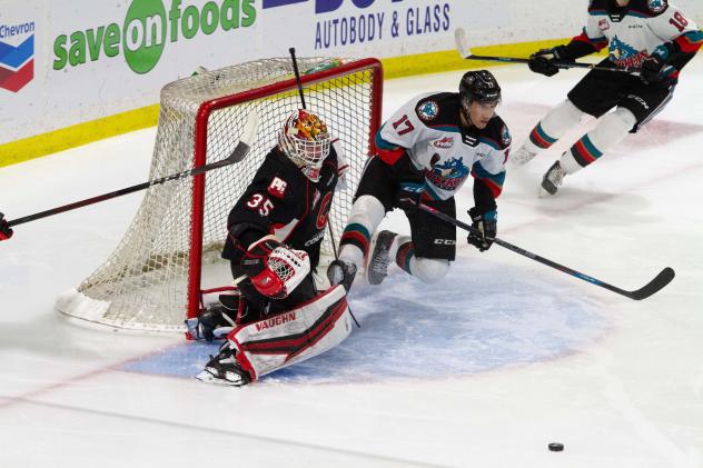 Prince George Cougars goaltender Taylor Gauthier denies the Kamloops Blazers