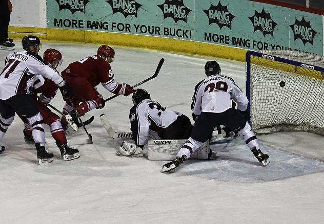 Brett Neumann of the Allen Americans scores the overtime winner against the Tulsa Oilers