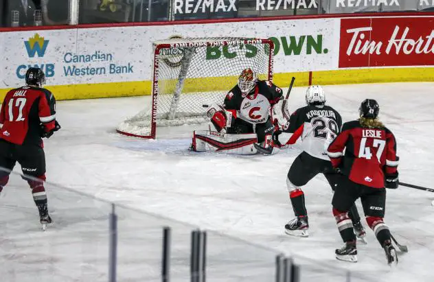 Prince George Cougars goaltender Taylor Gauthier makes a save vs. the Vancouver Giants