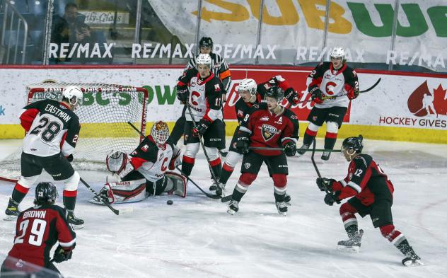 Prince George Cougars goaltender Taylor Gauthier stops the Vancouver Giants on the power play