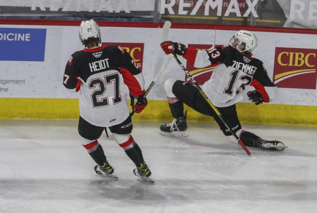 Prince George Cougars centre Koehn Ziemmer reacts after his goal vs. the Vancouver Giants