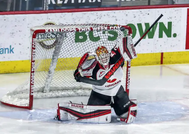 Prince George Cougars goaltender Taylor Gauthier blocks a shot vs. the Vancouver Giants