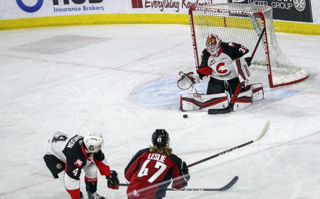 Prince George Cougars goaltender Taylor Gauthier stops a shot vs. the Vancouver Giants