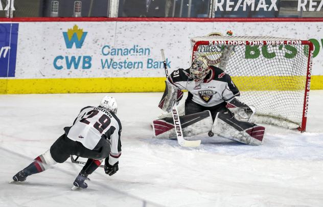 Vancouver Giants goaltender Trent Miner and defenceman Tanner Brown vs. the Kamloops Blazers