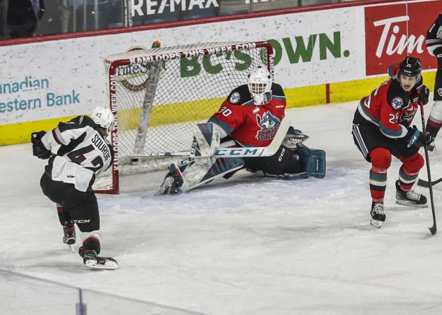 Vancouver Giants centre Justin Sourdif scores vs. the Kelowna Rockets