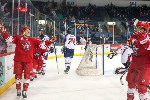 Allen Americans celebrate a goal against the Tulsa Oilers