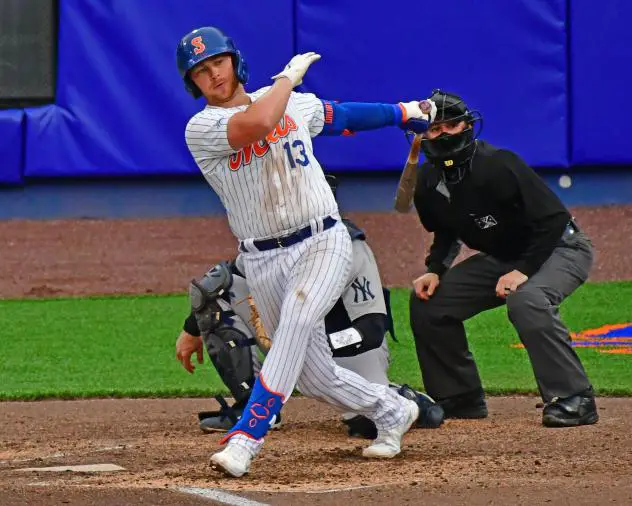 Brandon Drury of the Syracuse Mets hit his first home run of the season on Saturday night