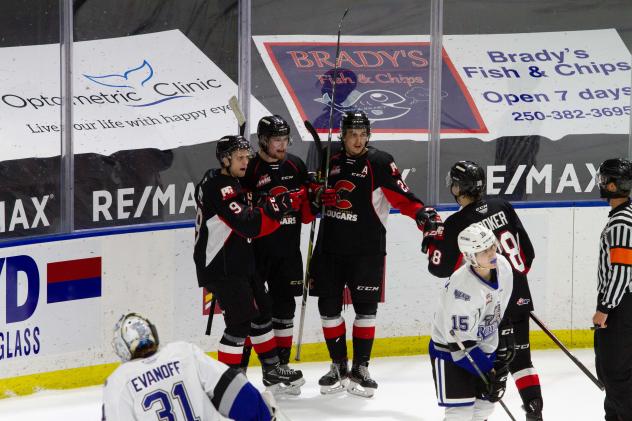 Prince George Cougars celebrate a goal vs. the Victoria Royals