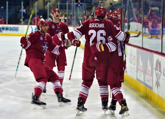 Allen Americans celebrate a Corey Mackin goal